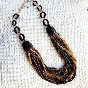 Chicos Earthtone Browns Multi Strand Beaded Statement Necklace 18" drop adjusts